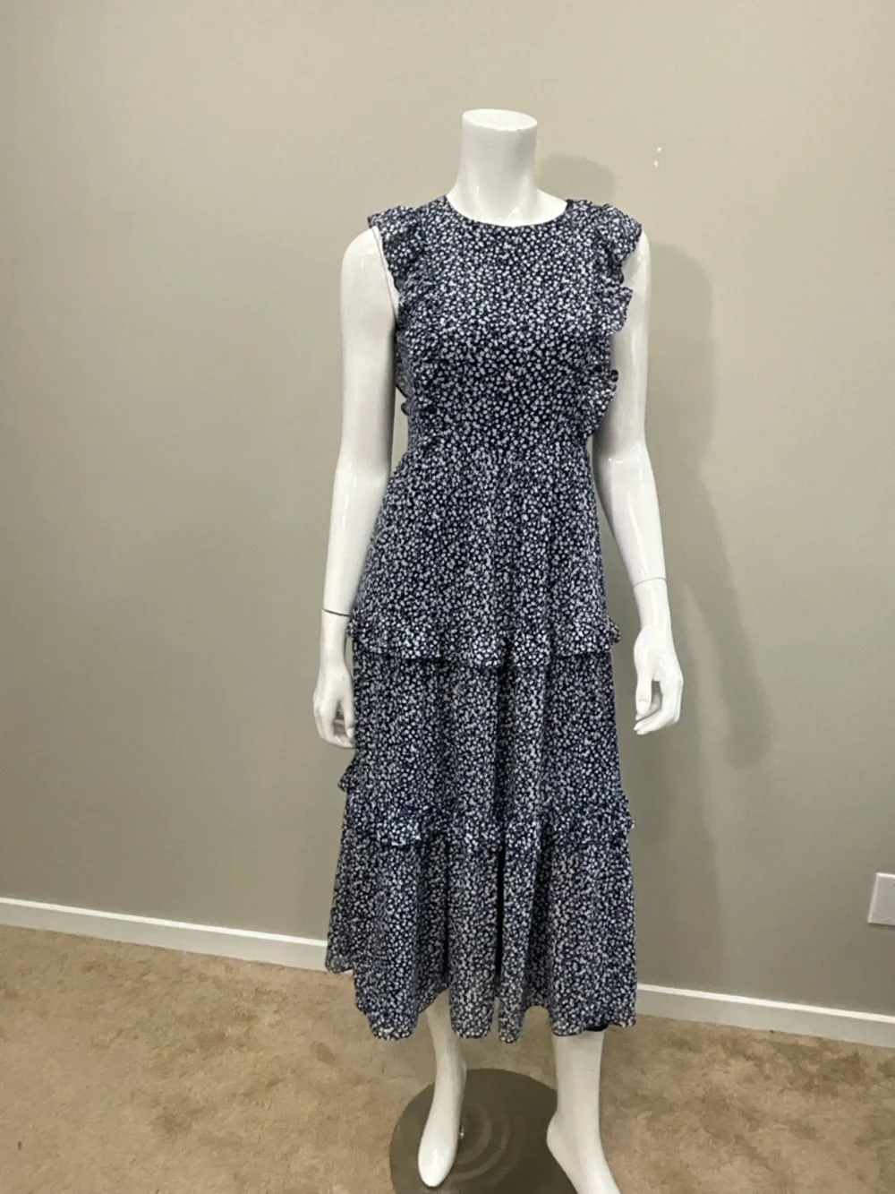 J.CREW Provence Smocked Waist Midi Dress Navy Floral Ruffle Sleeve Size 0